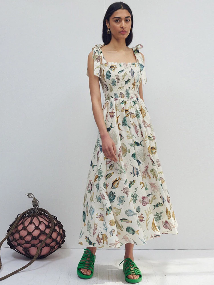 

Delocah/высококачественное летнее женское модное дизайнерское Вечерние Длинное платье, сексуальное льняное платье на бретельках с бантом и оборками с цветочным принтом