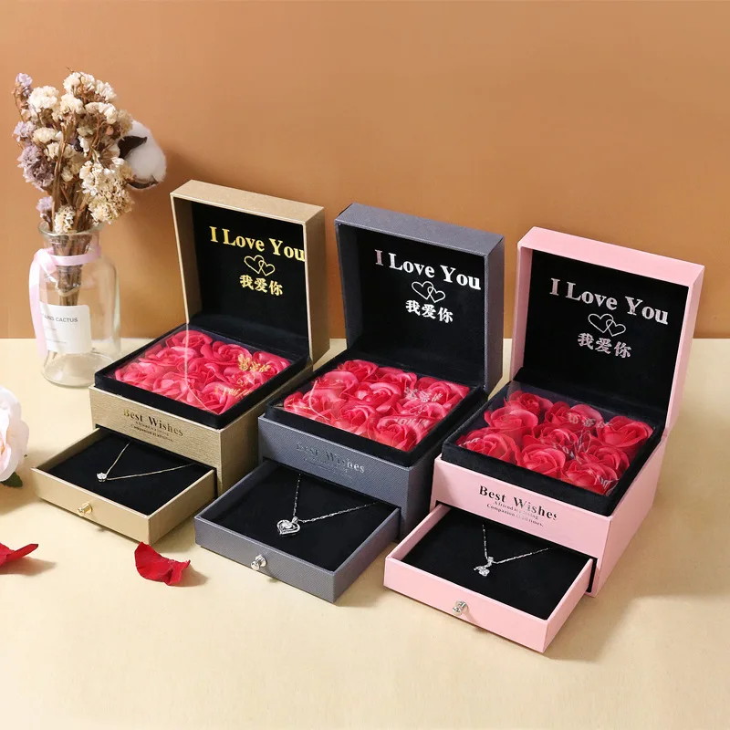 

Creative Valentine's Day Drawer Gift Box+Soap +Bag Rose Flowers Jewelry Storage For Girlfriend/Family