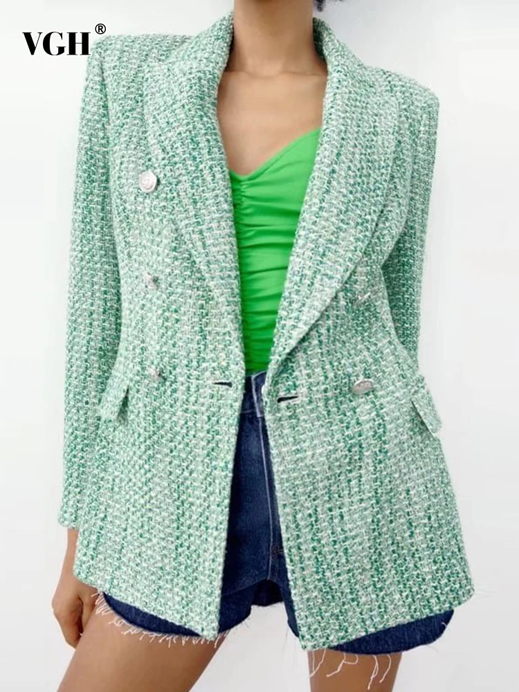 

VGH Elegant Spliced Double Breasted Blazers For Women Notched Collar Long Sleeve Straight Solid Tweed Blazer Female Fashion New
