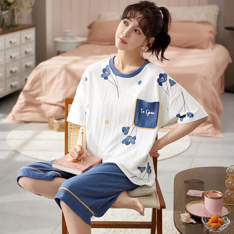 

Big Yards 5XL Cotton Women Pajamas Set Floral Print Sleepwear Short Sleeve Casual Tracksuit 2 piece Sexy Summer Home Lounge Gift