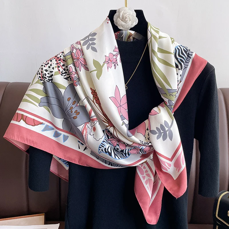 Роскошный женский шарф Шелковый квадратный хиджаб с цветочным принтом шейный