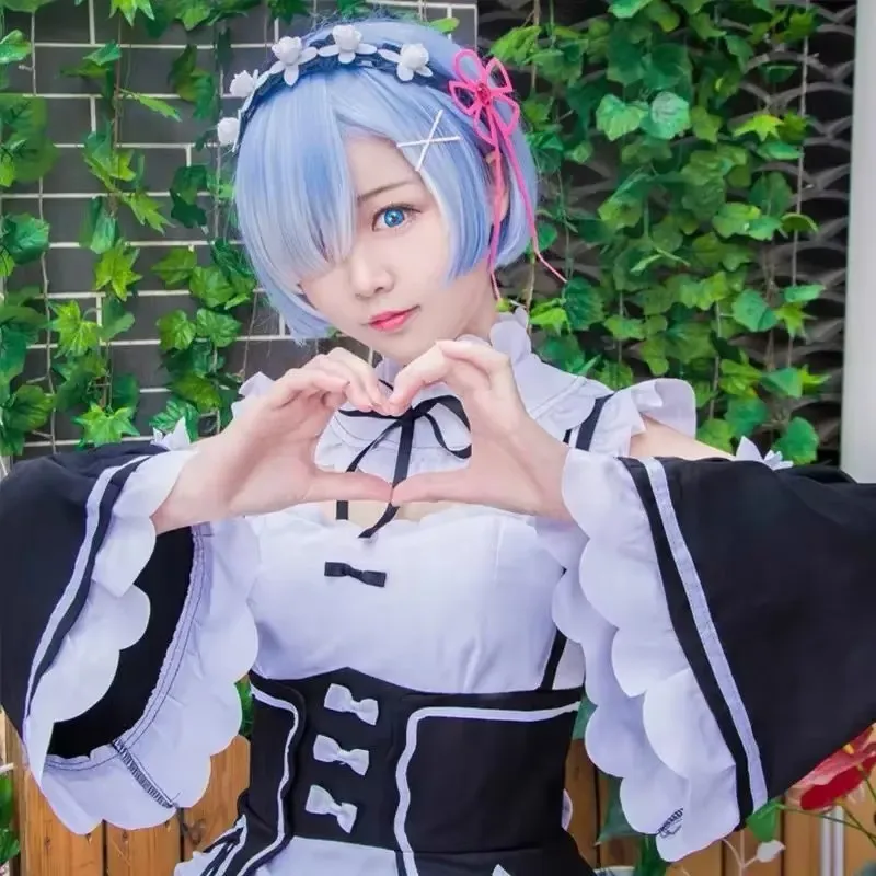 Фото Костюм для косплея Рам и Рем из аниме Re:Zero Kara Hajimeru Isekai Seikatsu, платье, парик, фартук, костюм горничной Рем, костюмы на Хэллоуин для женщин №4
