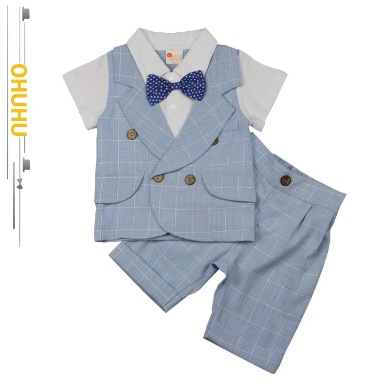

2022 Summer New Children's Suit Little Boy Plaid Gentleman Clothing Sets Fake Vest Two-piece Short-sleeved Clothes 212153