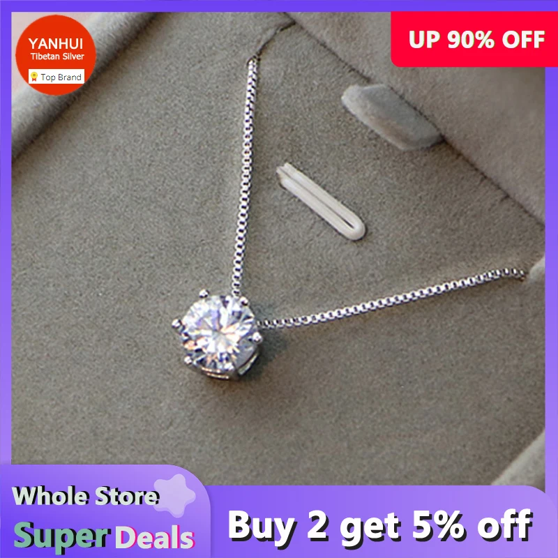 

Real Tibetan Silver Necklace Women's Fashion Jewelry High Quality Crystal Zircon Round Retro Simple Pendant Necklace 40/45/50CM