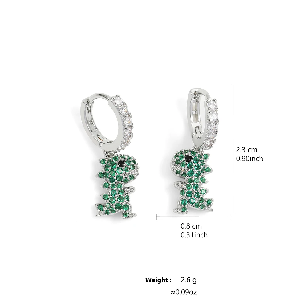 Серьги-кольца ZAKOL с зеленым цирконием в форме динозавра для женщин и девочек.