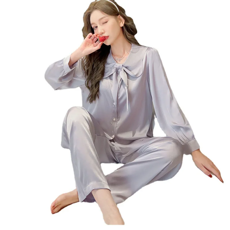 2023 Spring and Autumn New Women's Ice Silk Pajamas Solid Color Bow Long Sleeve Trousers Suit Homewear