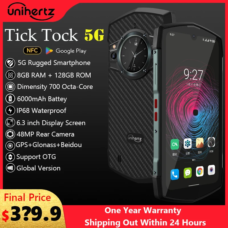 Unihertz TickTock Waterproof Rugged Smartphone 5G Mobile Phone Android 11 48MP Dimensity 700 8GB 128GB NFC 6000mAh Cellphone