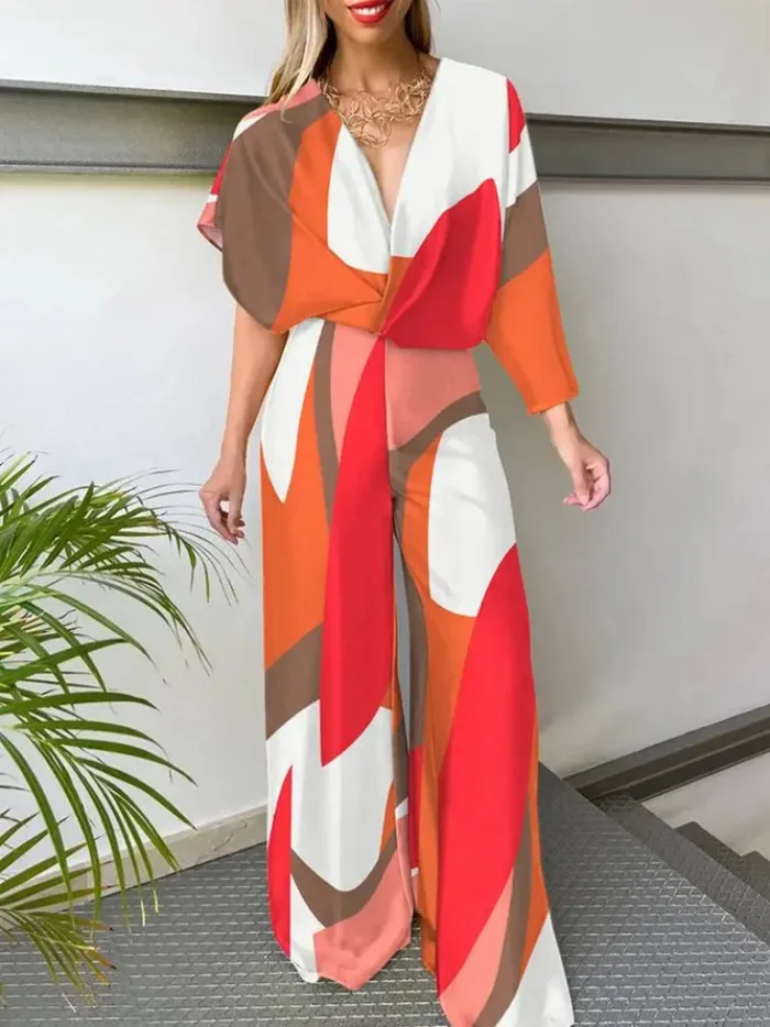 

Irregular Batwing Sleeve Jumpsuits Women Summer V-Neck Printing Nipped Waist Loose Wide Legs Casual Pants Romper High Streetwear
