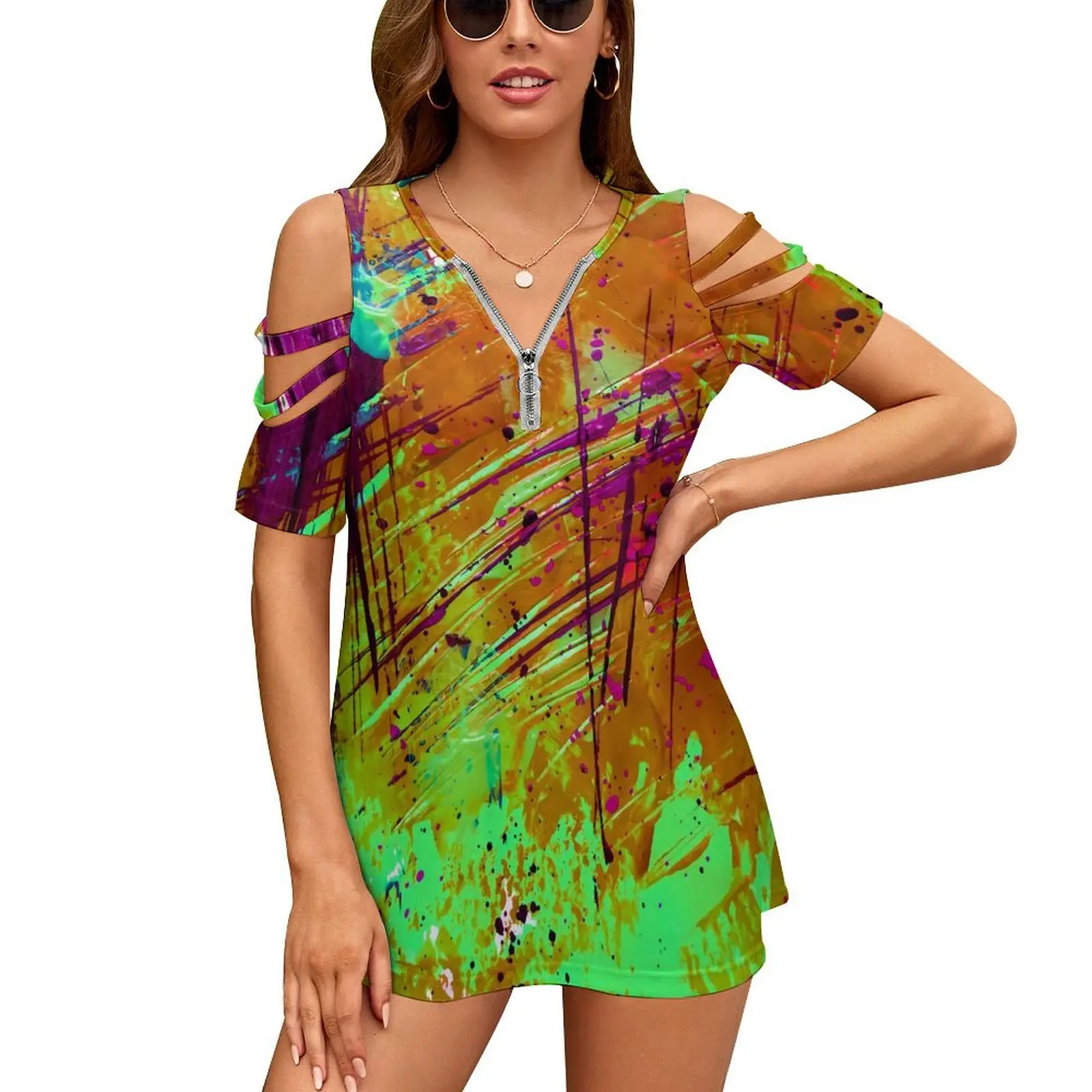 

Neon Paint T-Shirts Abstract Splatter Print Basic T-Shirt Short Sleeve Design Tee Shirt Female Cute V Neck Oversized Clothes