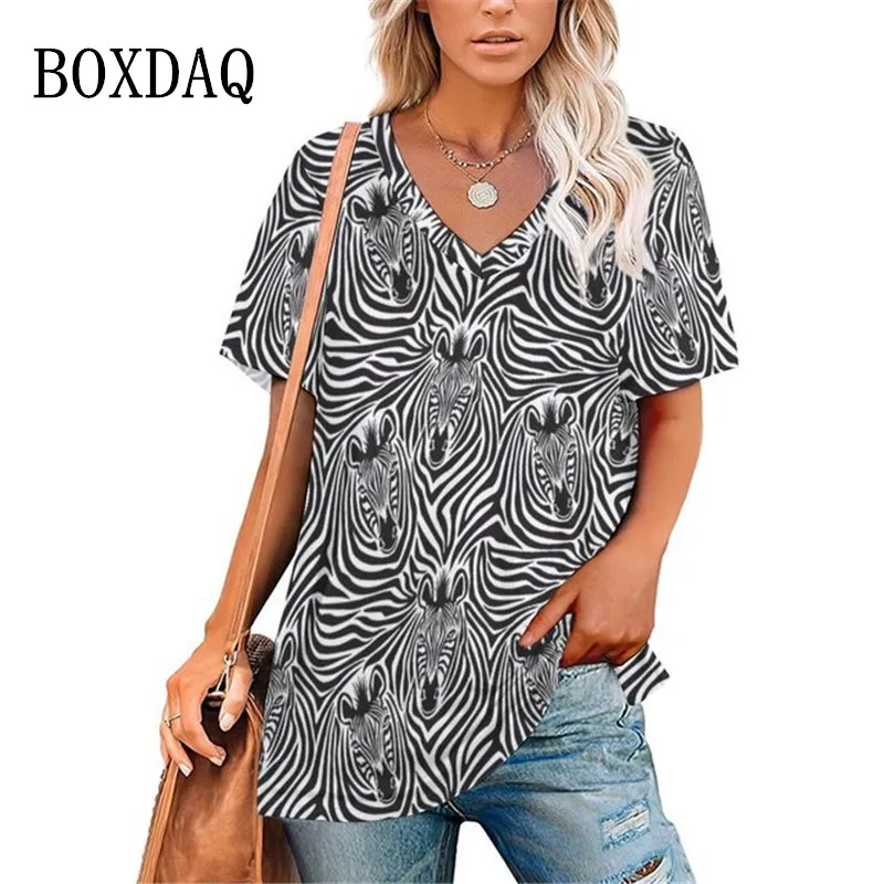 

Black White Classic Zebra Stripe T Shirt 2023 Trend Pattern Women Short Sleeve V-Neck Basic Tees Oversized Casual 3D Print Tops