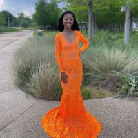 orange strapless prom gowns for pageant full sleeve mermaid evening dresses sequin glitter lace party dress robes de soir%c3%a9e 2022