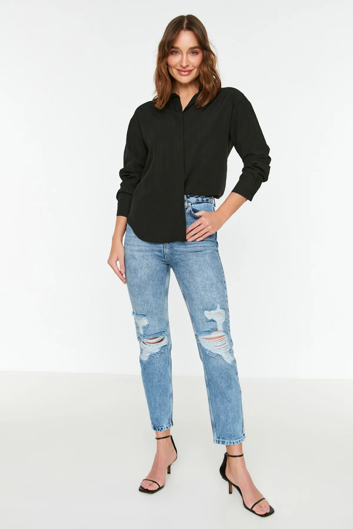 

Women's Jean Blue Ripped Detailed High Waist Full Length Straight Pant Streetwear Female Buttons Zipper Ladies