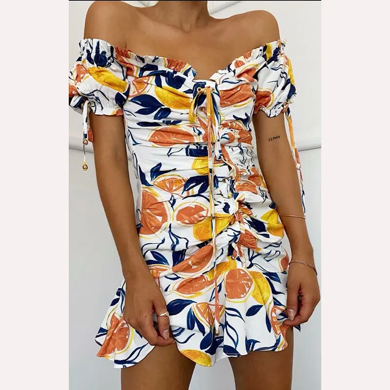 

Print Tight Mini Dress for Party 2022 Summer Backless VNeck Sexy Wedding Evening Dresses Girl Ruffled Tube Dress Elegant Vestido