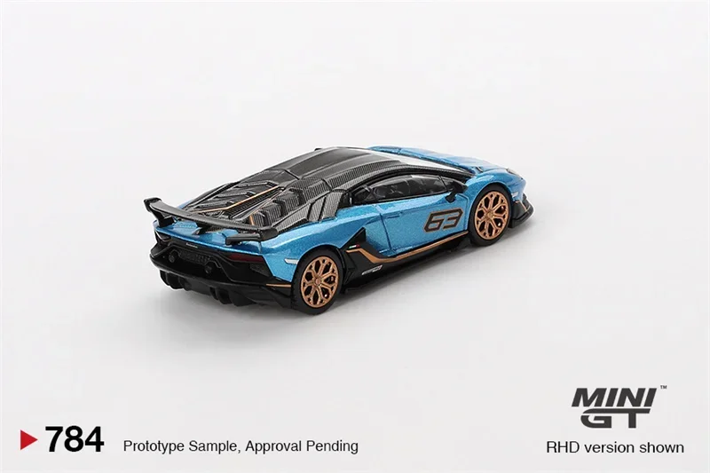 Литая под давлением модель автомобиля MINI GT 1:64 Aventador SVJ 63 Blu Aegir Blue RHD