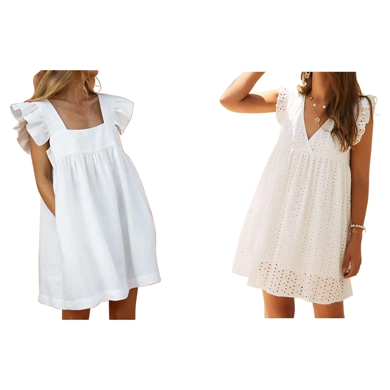 

ASDS-Women's V-Neck Butterfly Sleeve Hollow Lace Dress White XL & Square Neck Ruffle Butterfly Sleeve Square Dress White XL