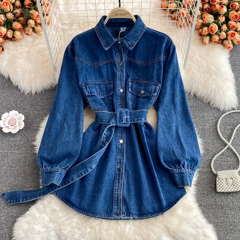 

Korean Loose Vintage Women's Denim Jacket With Belt Light Blue Dark Blue Black Spring Autumn Lapel Long Sleeve Jeans Jacket Coat