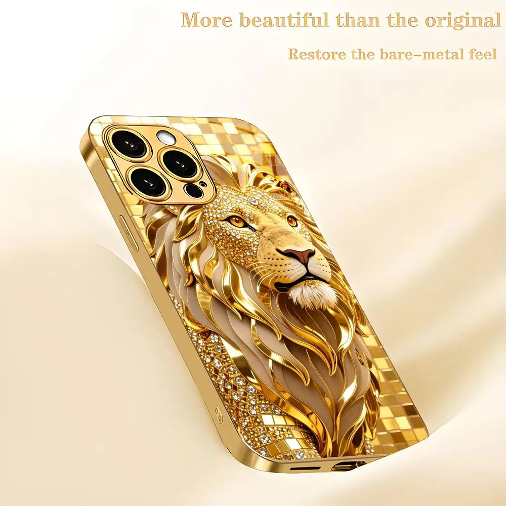 Фото Металлический чехол для телефона Majestic Golden Lion из стекла с эффектом металлик, подходит для iPhone 17 16 15 14 13 12 11 Pro/Max/Plus, противоударная задняя крышка №4