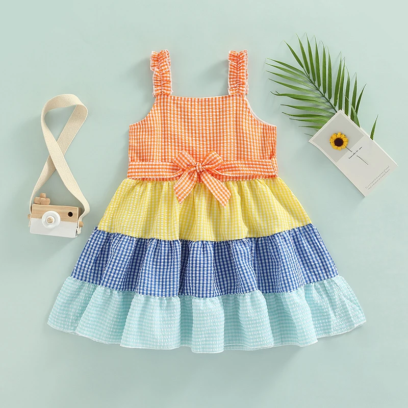 

Fashion Kids Dress Plaid Sleeveless Tie-Up Patchwork A-Line Casual Summer Outfit For Girls 4-7 Years Daliy Wear Orange Hot Sale