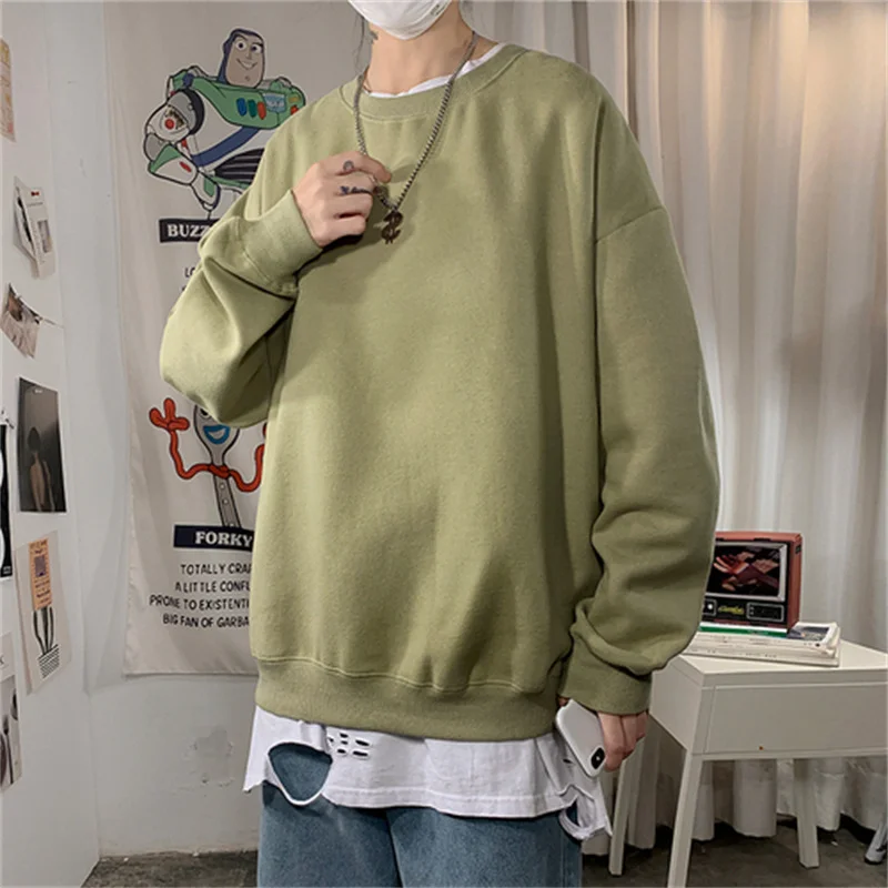 Men Harajuku Sweatshirts Korean Hip Hop Solid Color Basic O Neck Oversized Pullovers 2022 Autumn Fashion Casual Long Sleeve Tops