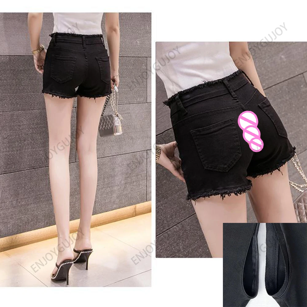 Шорты женские джинсовые с открытой промежностью невидимые свободные штаны из