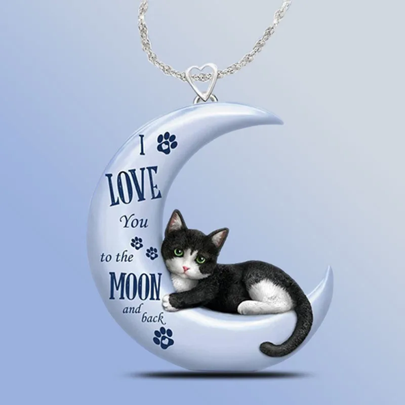 New Korean Popular Necklace Moon Small Black Cat Acrylic Material Cute Fashion Pendant Necklace Jewelry
