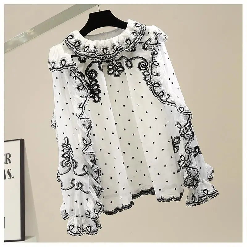 F GIRLS  Elegant Embroidery Chic Blouse Women All-match Ruffle Patchwork Puff Sleeve Shirts Contrast Color O Neck Tops Ladies enlarge