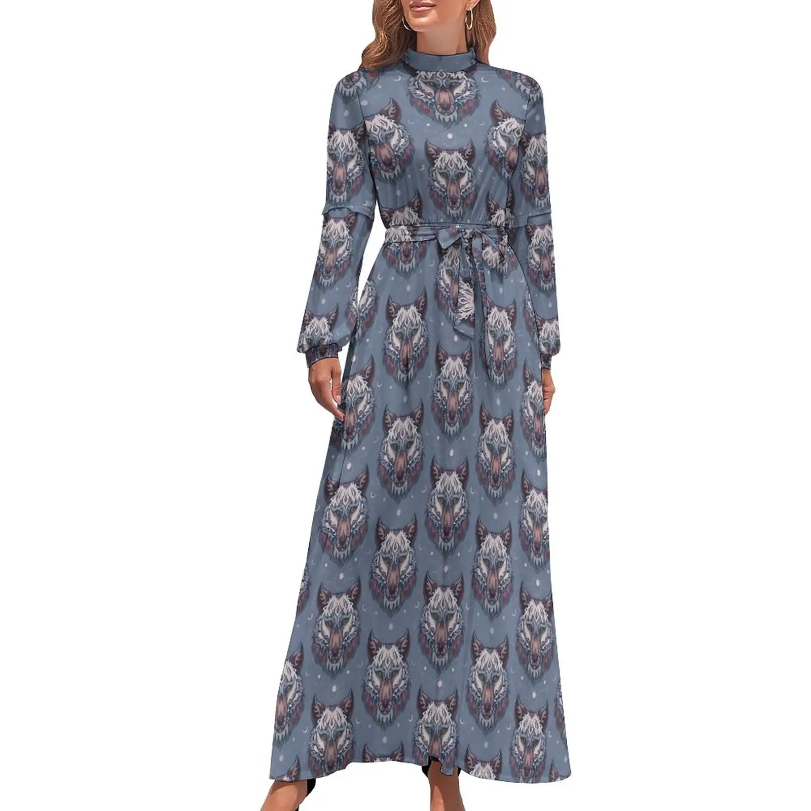 

Heads of Wolf Dress Long Sleeve Boho Animal Party Maxi Dress High Waist Street Fashion Design Bohemia Long Dresses Birthday Gift