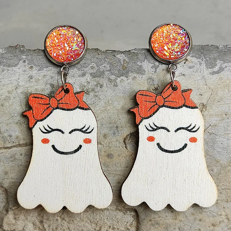 

2022 Halloween Cute Pumpkin Earrings Reading Ghost Bow Halloween Wood Earrings Pumpkin Color Stainless Steel Earrings for Women