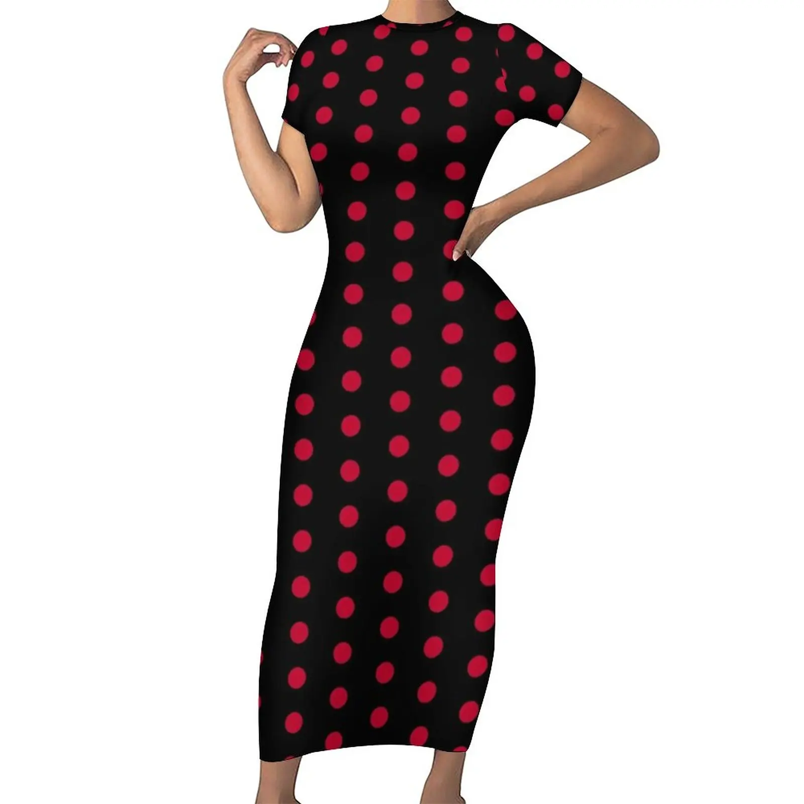 

Black with Red Polka Dot Dress Short Sleeve Dotted 70S Vintage Street Maxi Dresses Night Club Bodycon Dress Oversize Clothing