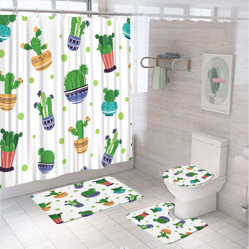 

Cute Cactus Shower Curtain Set Tropical Succulent Cacti Green Plant Dots Fabric Bathroom Curtains Bath Mats Rug Lid Toilet Cover
