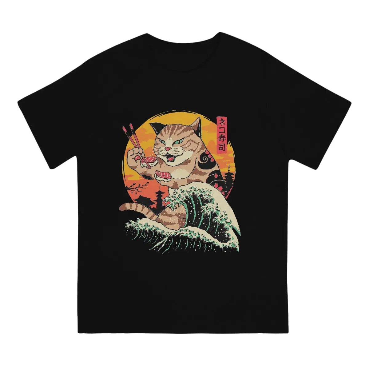 

Japanese Art Newest TShirt for Men Neko Sushi Wave Round Neck Basic T Shirt Hip Hop Birthday Gifts Tops