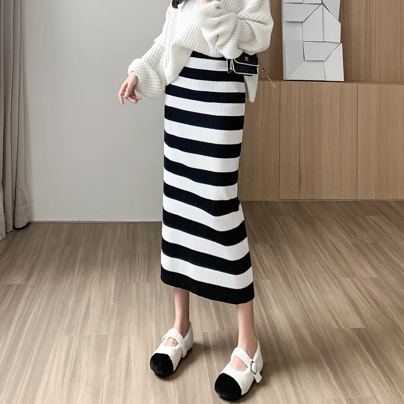 

Женская трикотажная юбка в полоску, элегантная корейская модная юбка с запахом и высокой талией, милая летняя одежда