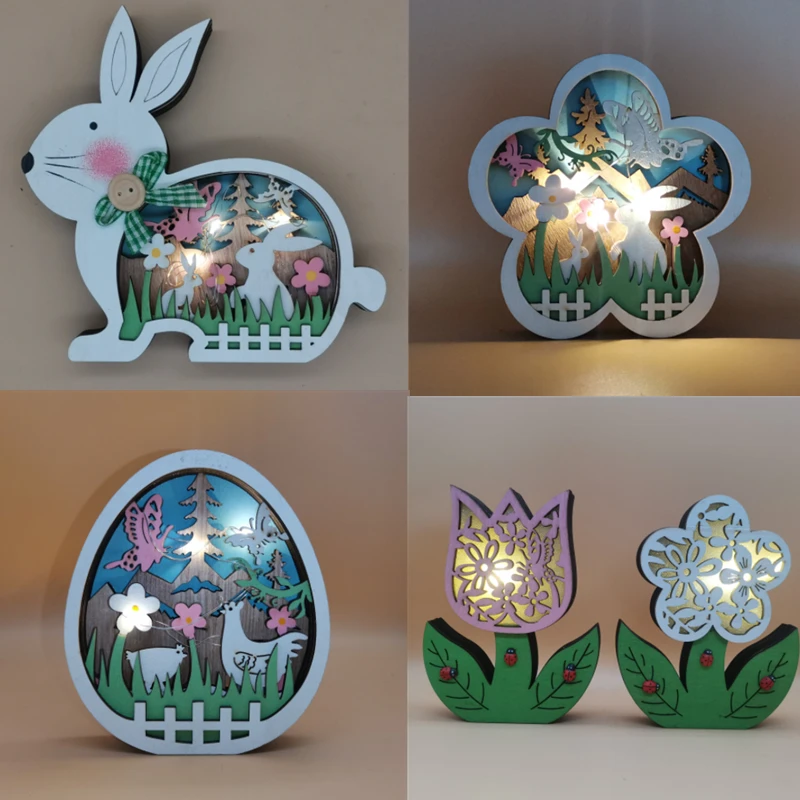 

2022 Easter Decoration for Home Wooden Easter Bunny LED Light Easter Craft Easter Bunny Ornament Decor Easter Egg Decor Lamp