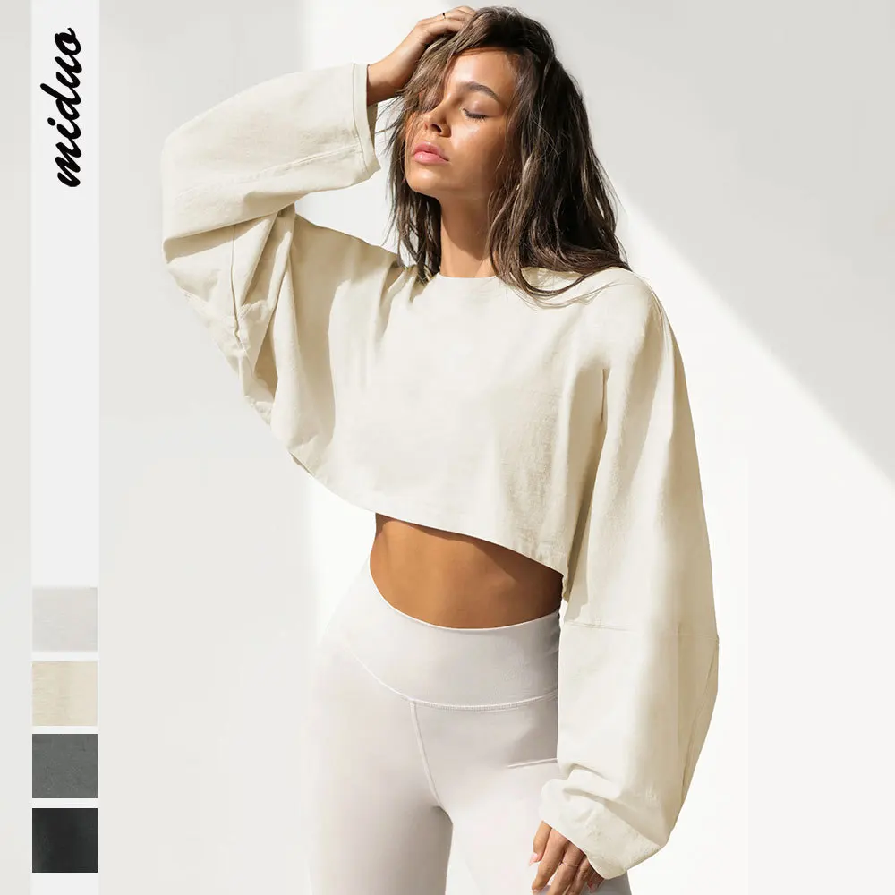 

2023 new round neck hoodie European and American women's short sports bottom shirt T-shirt knitted shirt long sleeve top shirt