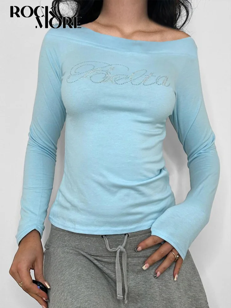 

Rockmore Diamonds Stitching T-Shirt Women Knitting Casual Long Sleeves Slim Tops Basic Bottoming Pullover Autumn Harajuku Korean