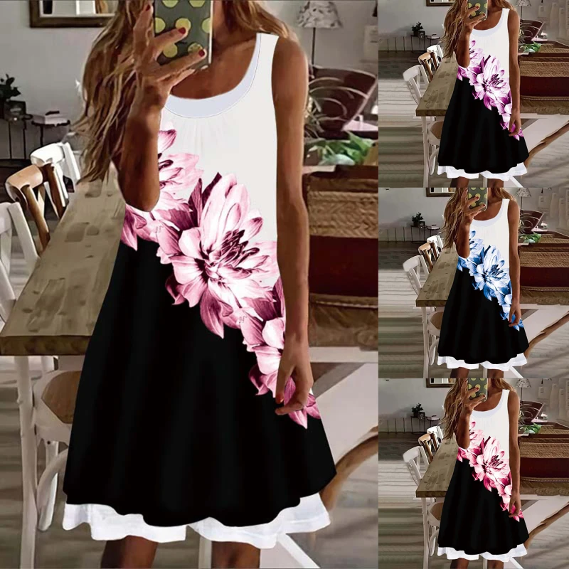 

Fake Two Piece Round Neck Print Women Dress Summer Sexy Vintage Sleeveless Elegant Dress Casual Dresses For Women 2022 New
