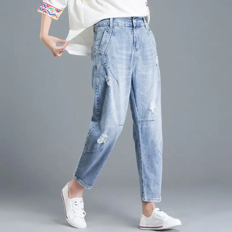 

Woman Jeans Summer Hole High Waist Boyfriend Style Fashion Denim Pants Female Ankle-length Loose Streetwear Harem Pants U200