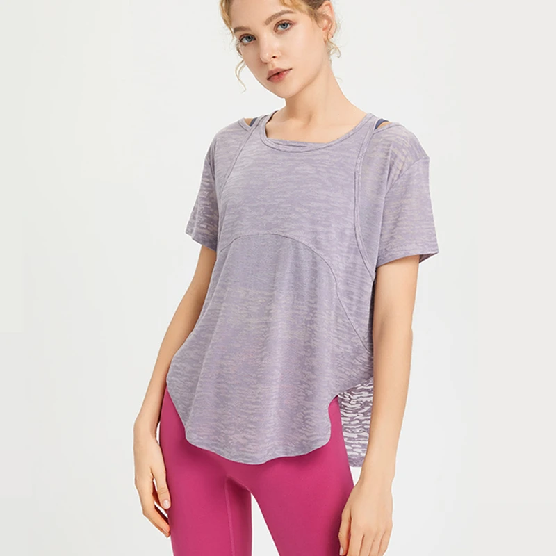 Summer Women Thin Loose Yoga Shirt Short Sleeve Sport T-Shirt Breathable Running Shirts Curve Hem Gym Fitness Tops Blouse Female