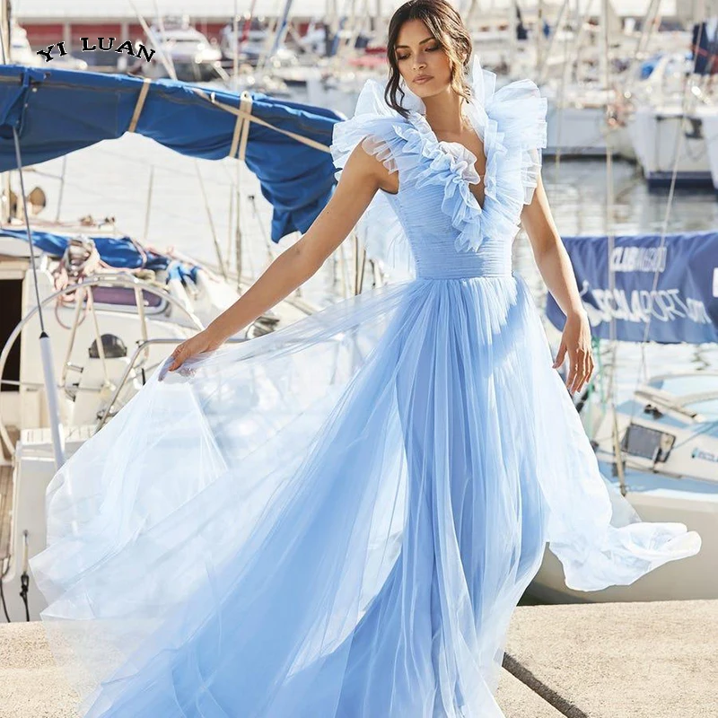 

Sexy Celebrity Sky Blue Evening Dresses Deep V Neck Ruffles A Line Prom Backless Formal Party Gowns robes de soirée فساتين السه