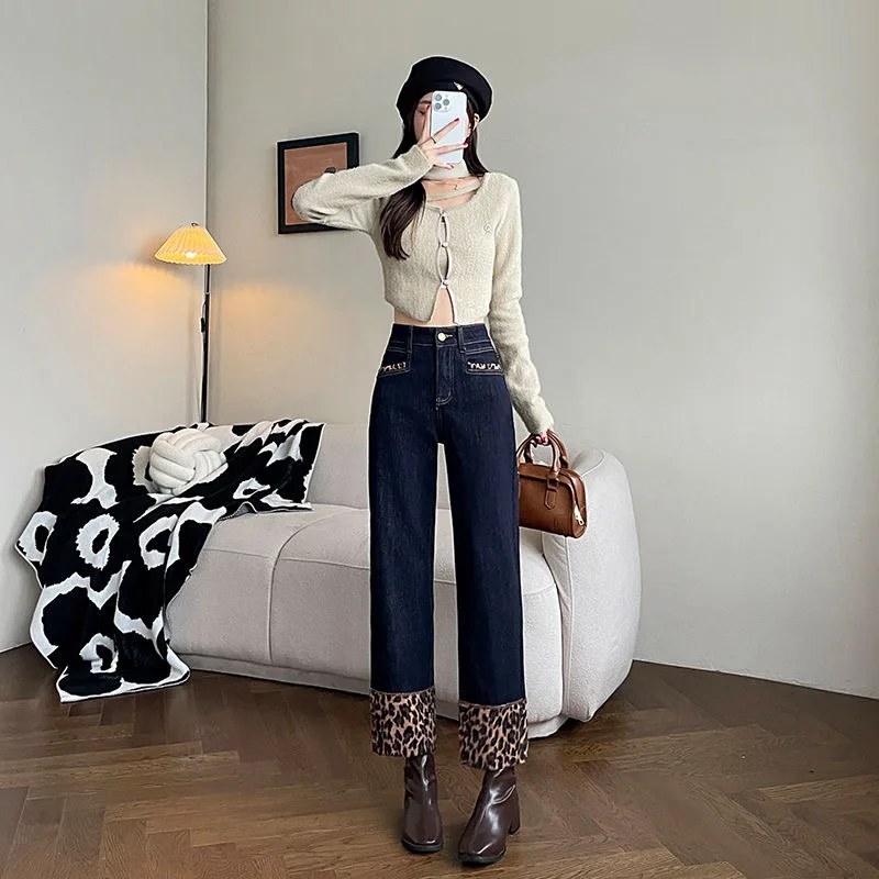 Корейские леопардовые плюшевые прямые джинсы на бархатной подкладке с высокой