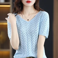 summer new womens thin knit v neck fashion hollow pullover t shirt cotton retro solid color loose short sleeve chic elegant top