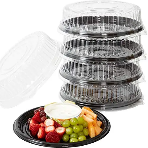 

12" Black Plastic Catering Party Trays with Lids, 5 Pack