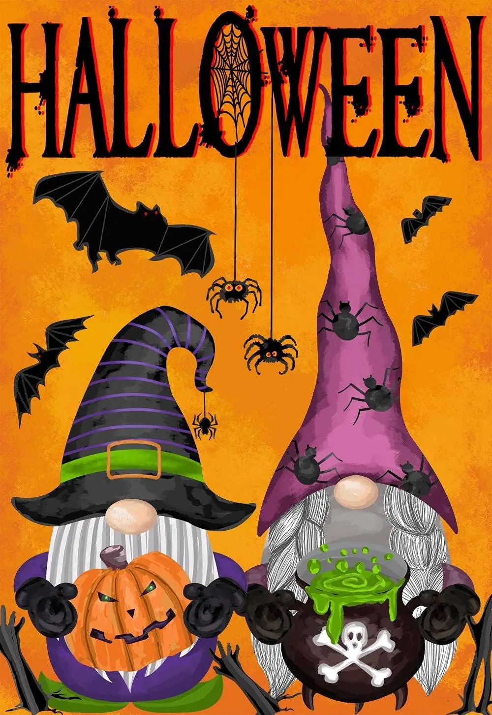 Texupday Хэллоуин гномы Садовый флаг паук с летучими мышами Декор внешний для сада 12