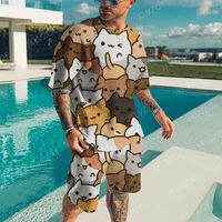 summer mens tshirt set fashion 3d printed tops shorts 2 pieces outfit oversized breathable quick dry cartoon cute cat sportwear