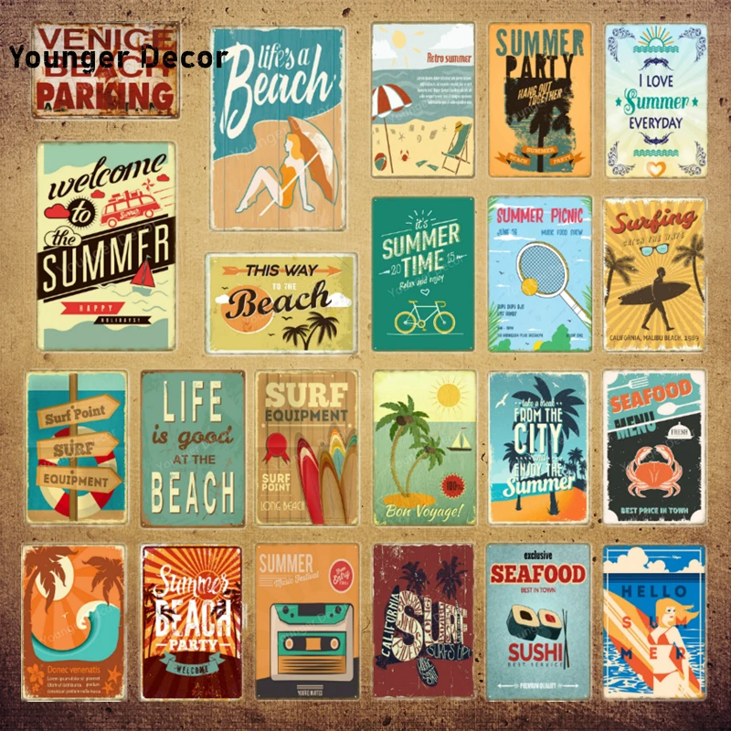 

Venice Beach Parking Vintage Wall Decoration Hello Summer Metal Art Poster Bar Pub Cafe Retro Plate Seafood Tin Signs Sticker