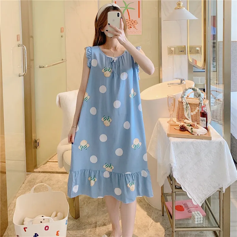 2023 Korean Princess Style Dress Cute Loose Artificial Cotton Homewear Cotton Silk Nightdress Women