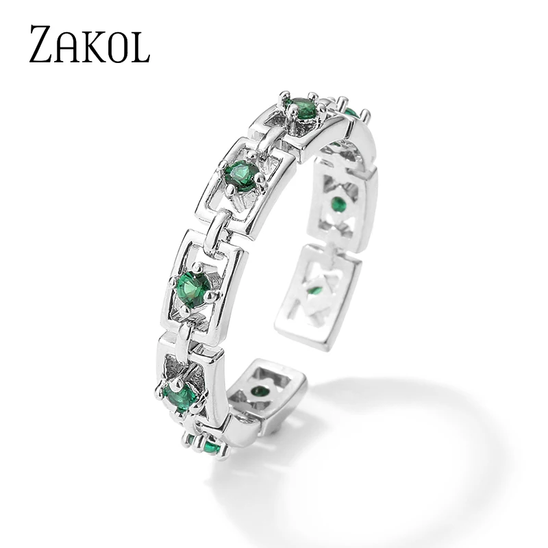 

ZAKOL Simple Green Round Cubic Zirconia Engagement Open Rings for Women Fashion Geometry Crystal Adjustable Ring RP5147