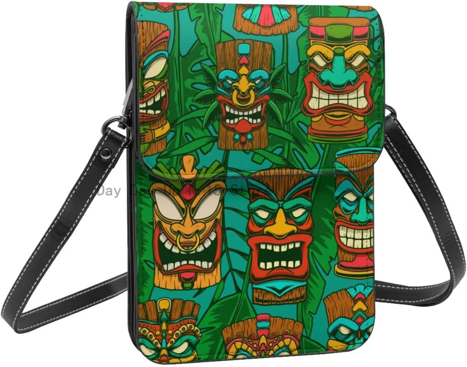 

Hawaii Tiki Palm Leaf Small Crossbody Cell Phone Purse for Women Soft Leather Fashion Travel Wallet with Adjustable Strap