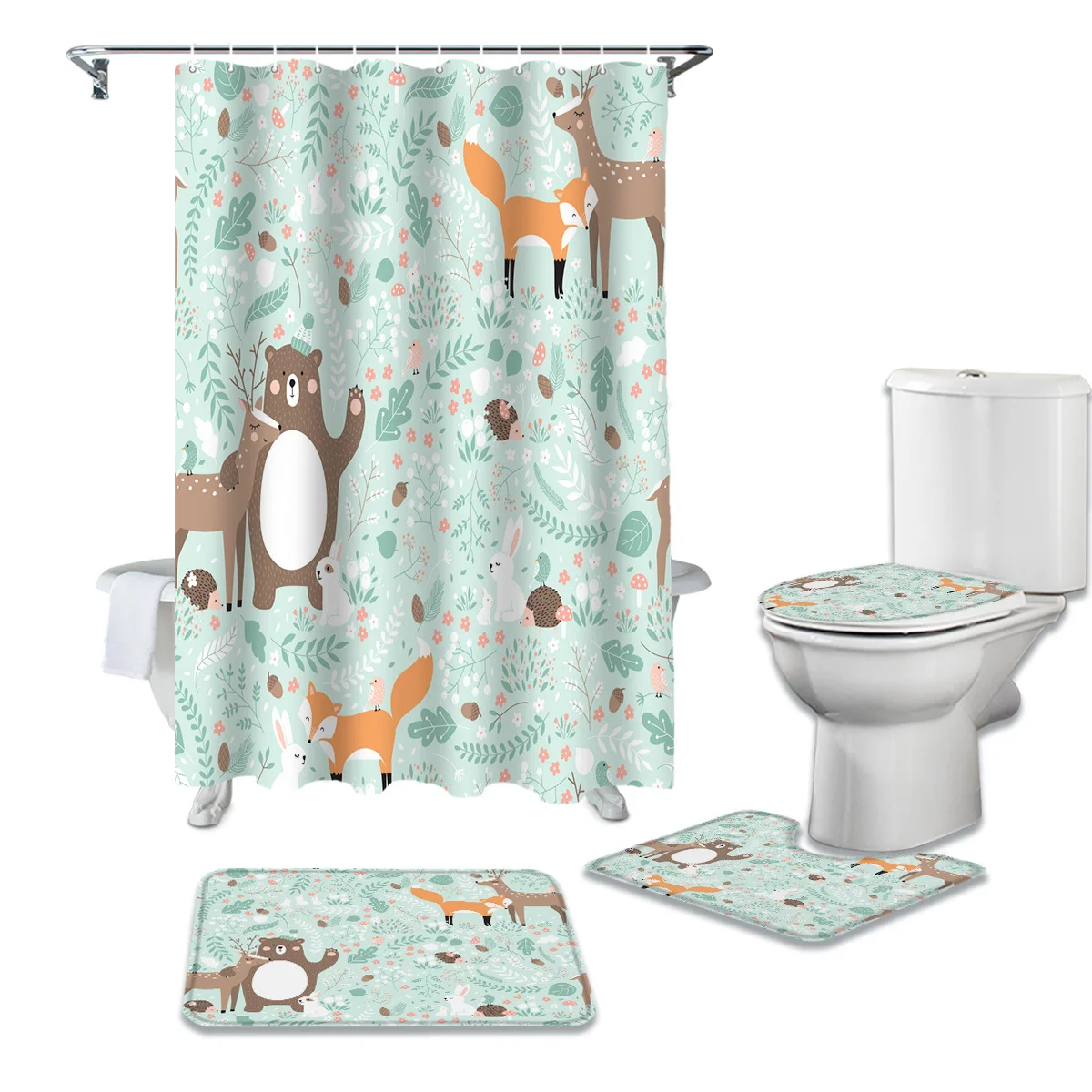 

Forest Animal Cartoon Fox Deer Bear Shower Curtain Set Carpet Cover Toilet Cover Bathroom Mat Bathroom Household