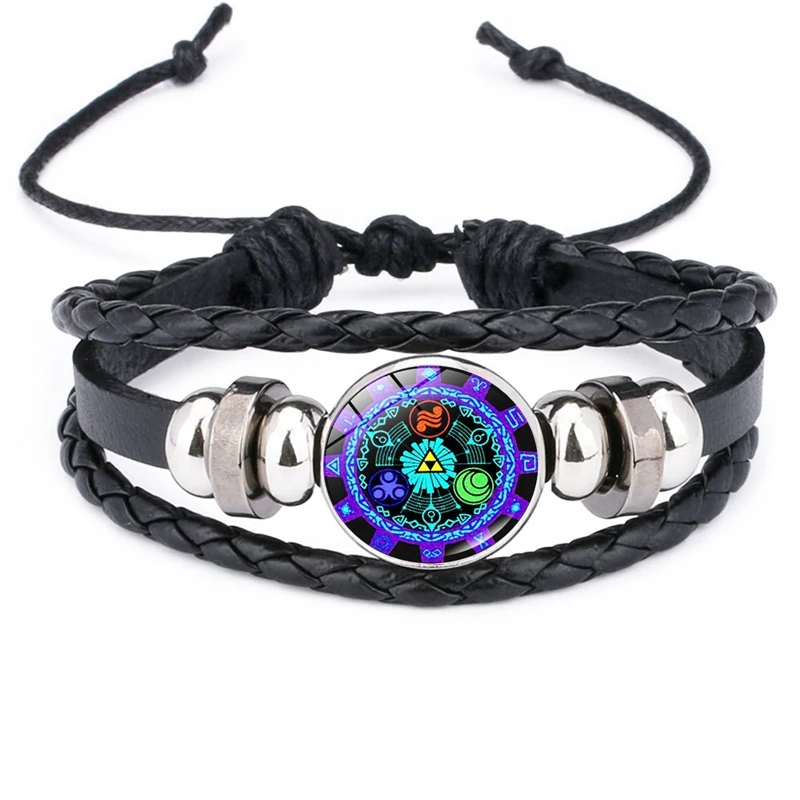 

New Accessories Game Peripheral Time Gate Glass Cabochon Snap Black Leather Bracelet Game Lover Men's Bracelet Gift Jewelry